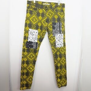 Golden Patchwork Bandana Print Yellow Denim Jeans Size 34 Streetwear